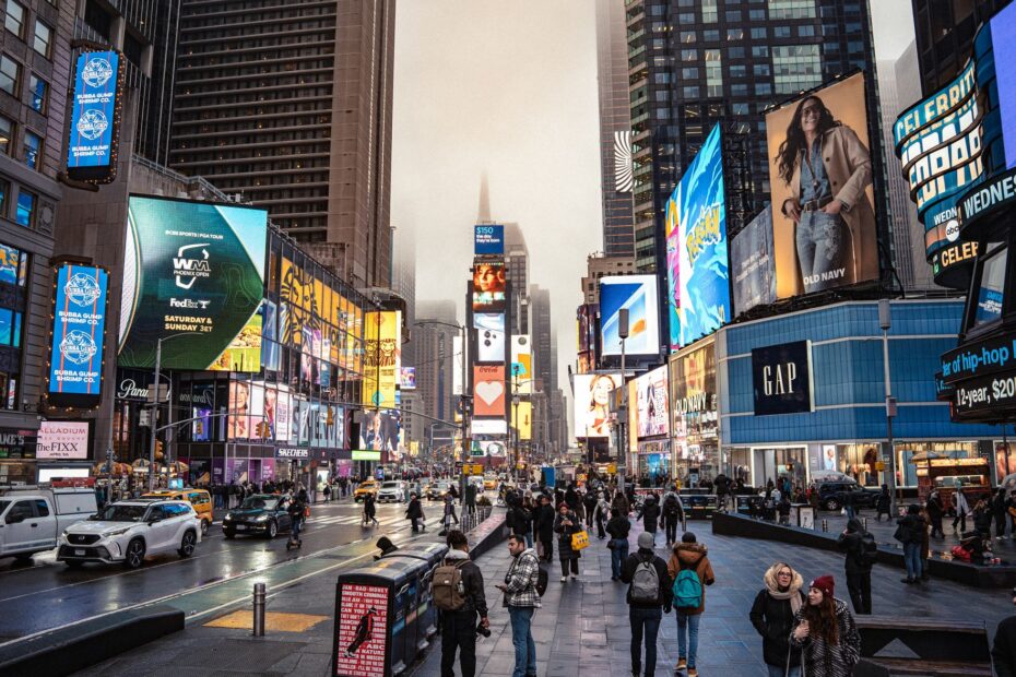 Bustling Times Square in New York City, featuring vivid billboards and lively urban life.