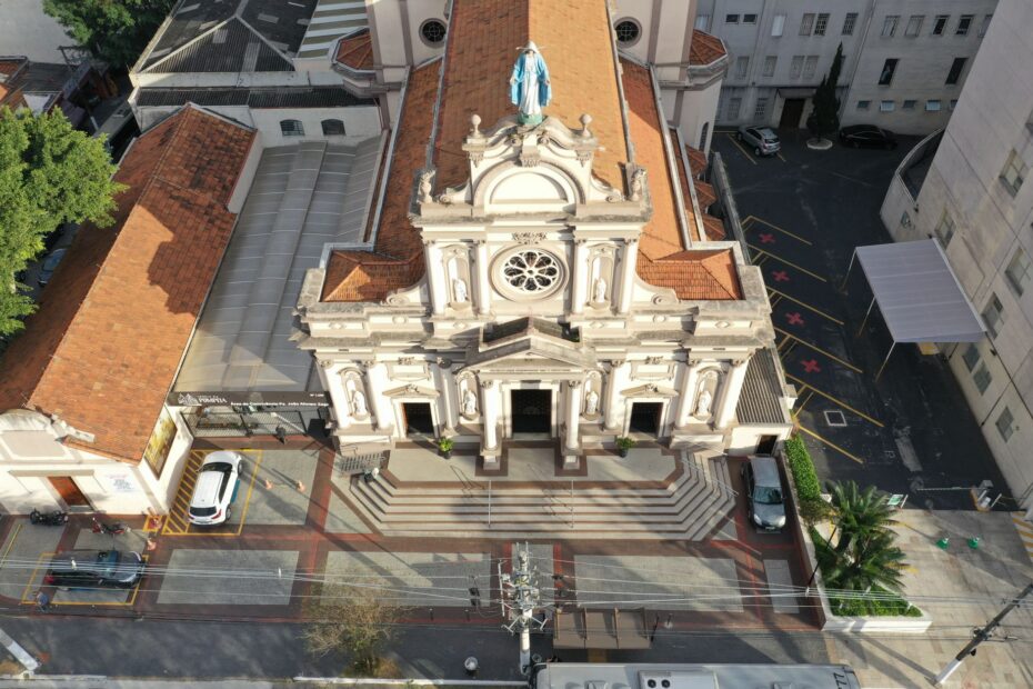 High-angle view of Our Lady of Pompeia Church in São Paulo, showcasing its detailed architecture.