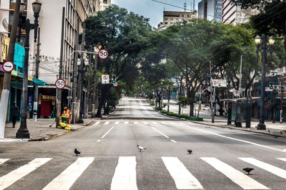 Empty street in São Paulo with birds crossing, showcasing urban tranquility.
