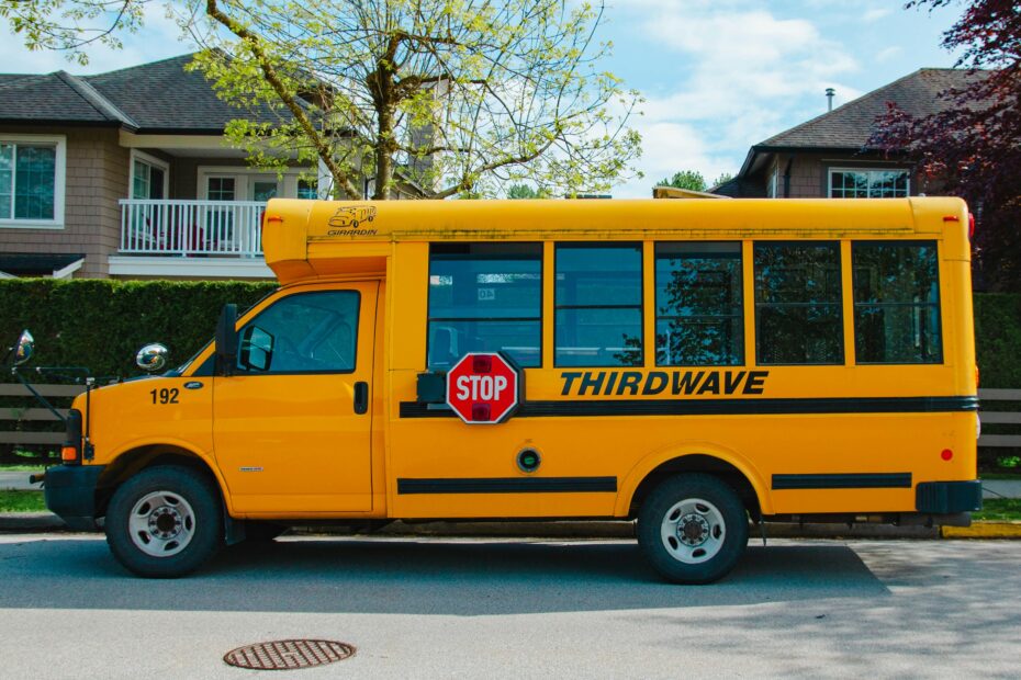 a yellow school bus parked on the side of the road