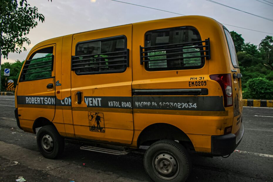 a yellow van on the street