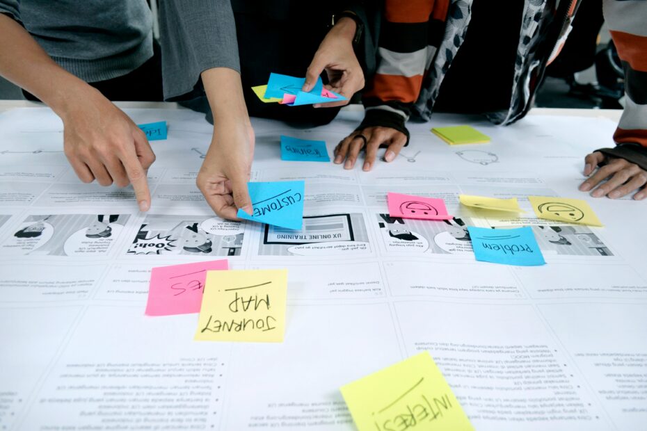 team collaborating with sticky notes